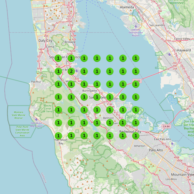 Google Maps Pack rankings for Ingrown Toenail in the San Mateo area showing position 1 across nearly every grid point
